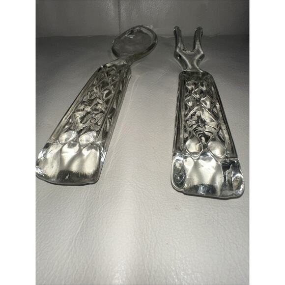 Vintage Glass 9.5" Serving Fork And Spoon Set Embossed Diamond Pattern EUC - Picture 6 of 7